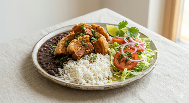 Chicharrón arroz y frijoles